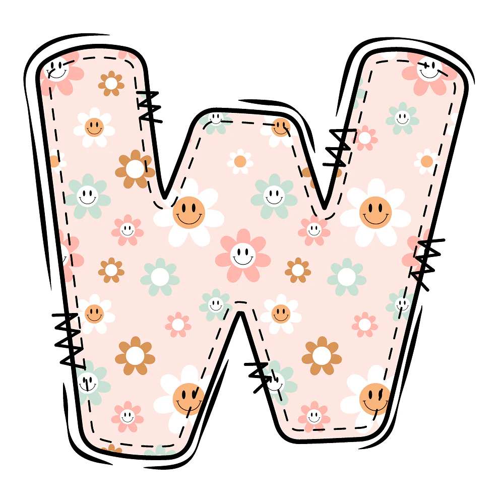 Groovy Doodle Smiley Flowers ''W'' Fabric Panel