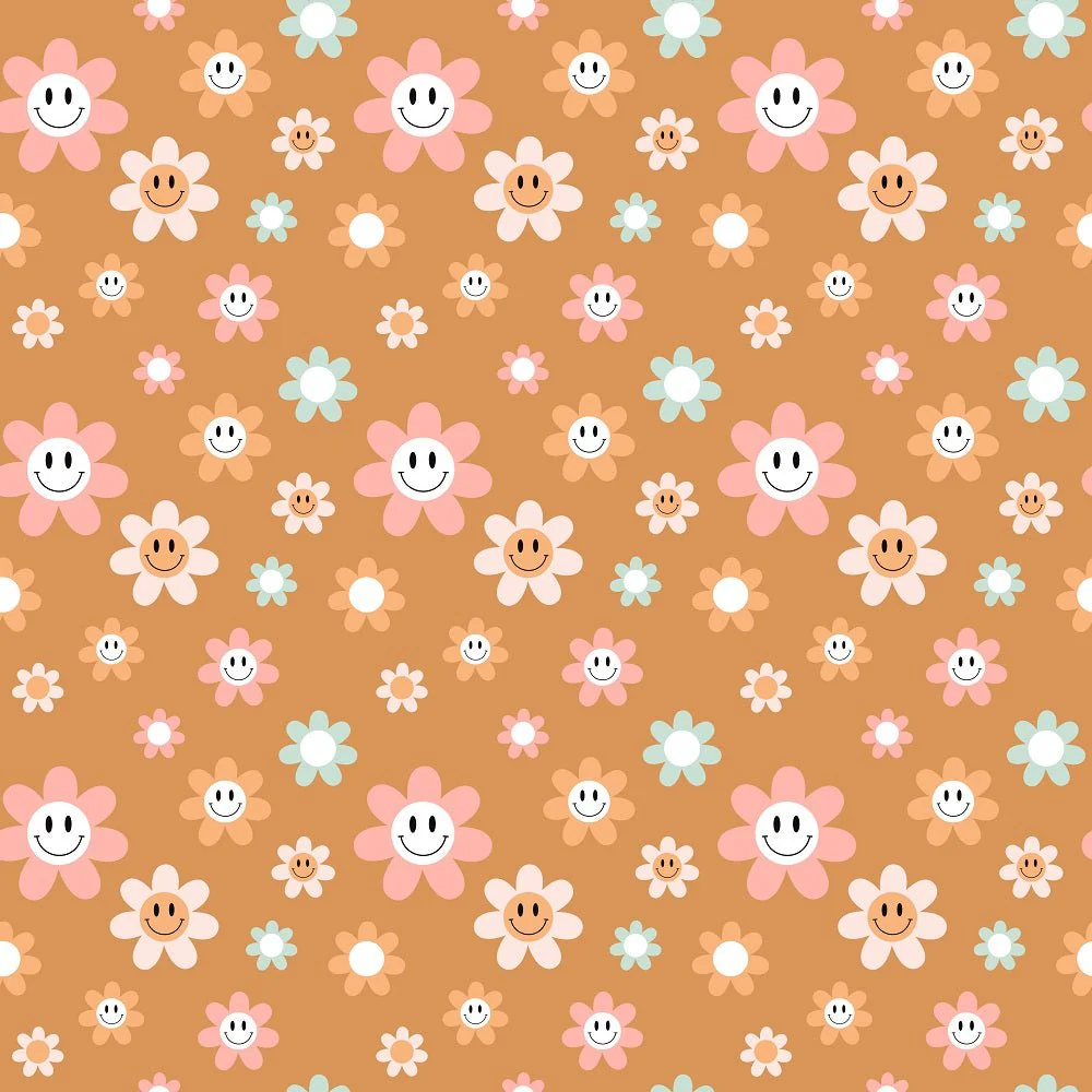Groovy Smiley Flowers Fabric - Brown