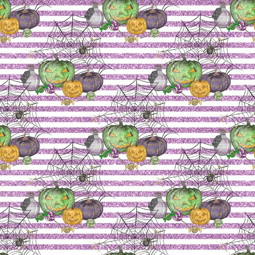 Halloween Candy Elements on Stripes Fabric - Purple