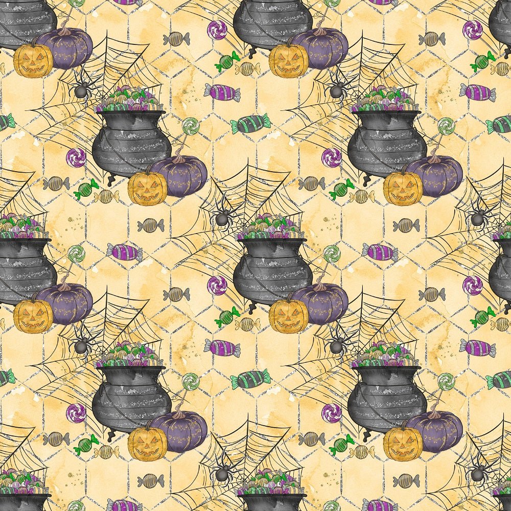 Halloween Candy Elements on Trellis Fabric - Orange