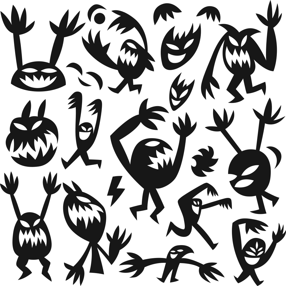 Halloween Funny Monsters Fabric - Black/White