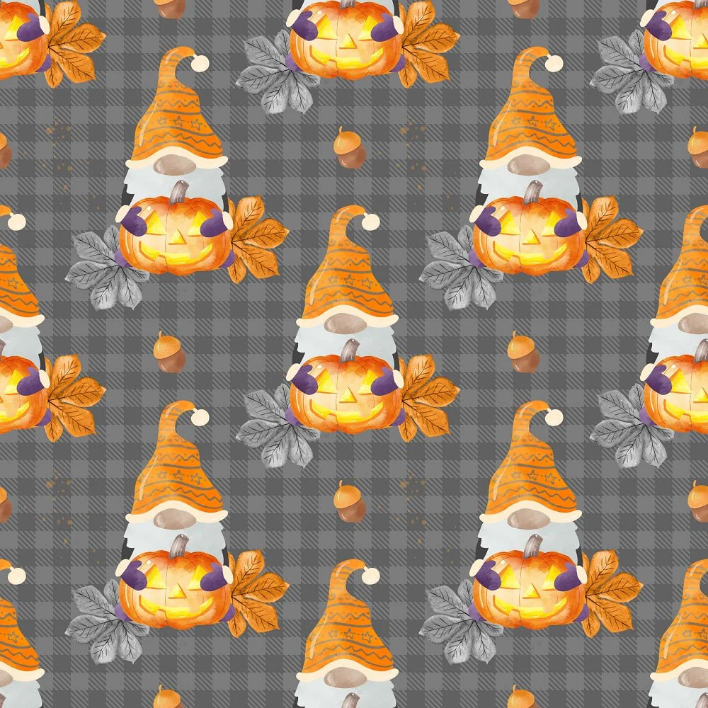 Halloween Gnomes on Checkered Fabric - Gray