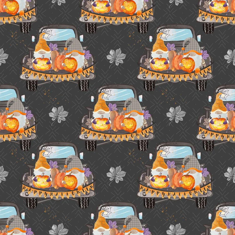 Halloween Gnomes on Truck Fabric - Gray