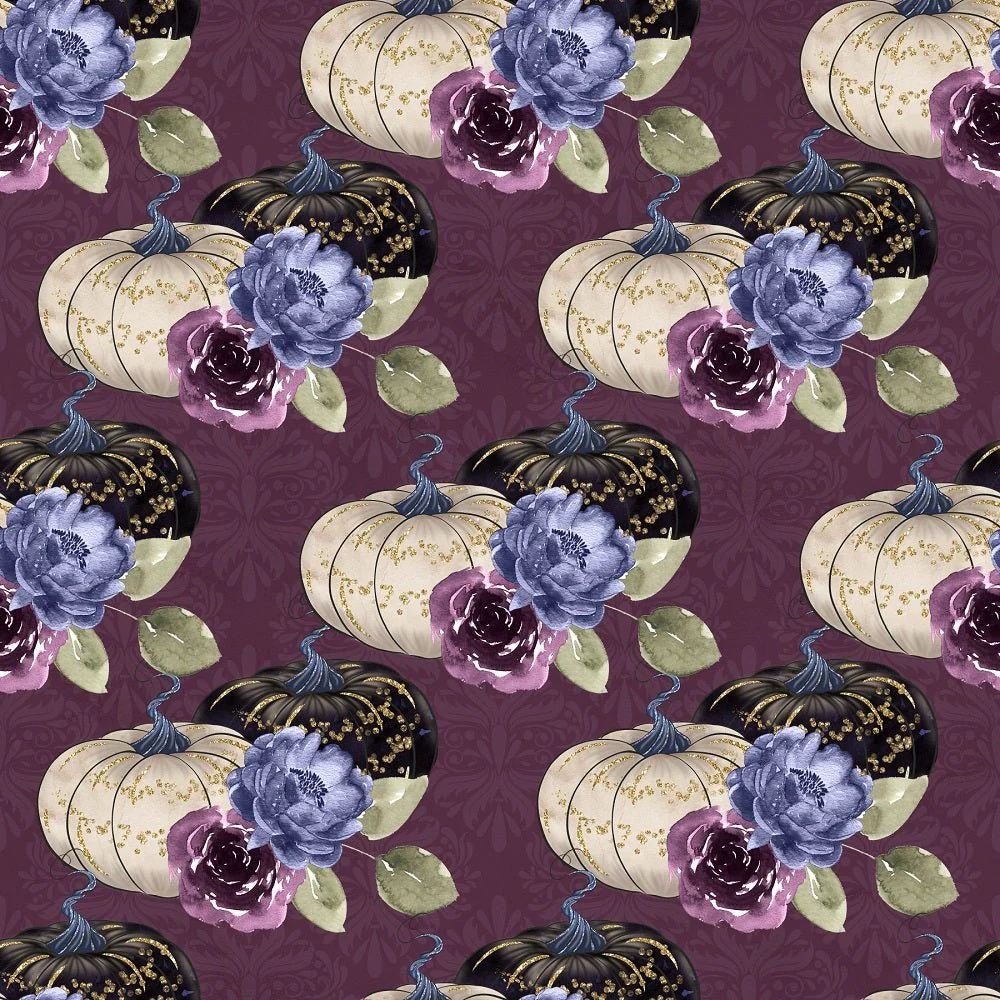 Halloween Night Pumpkins on Damask Fabric - Purple