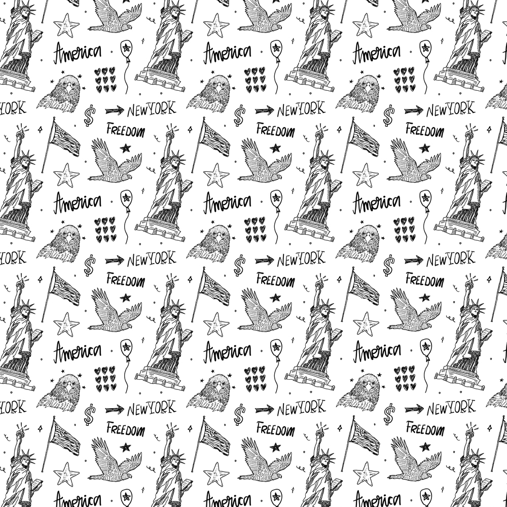 Hand Drawn American Icons Fabric - Black