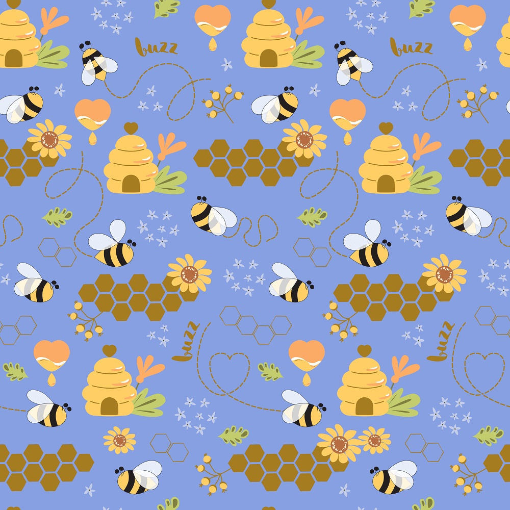 Hand Drawn Cartoon Bee Colony Fabric - Blue