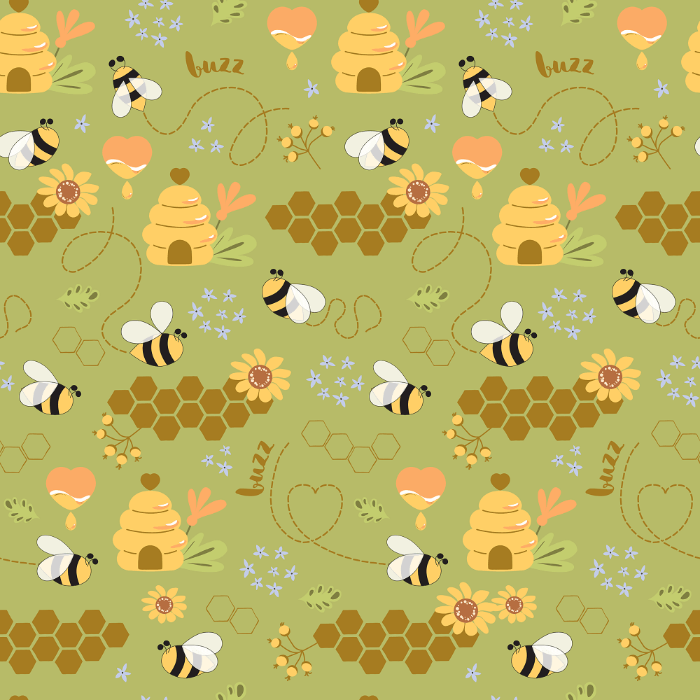 Hand Drawn Cartoon Bee Colony Fabric - Green