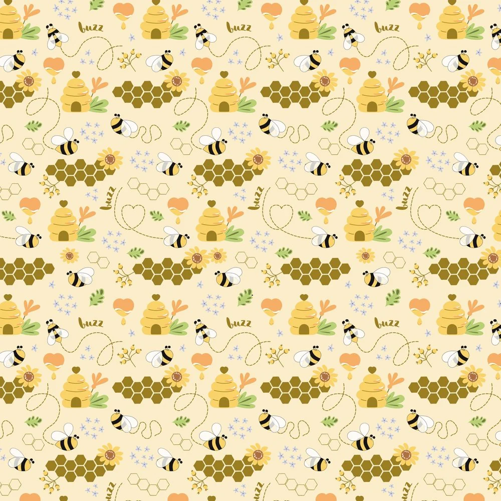 Hand Drawn Cartoon Bee Colony Fabric - Tan