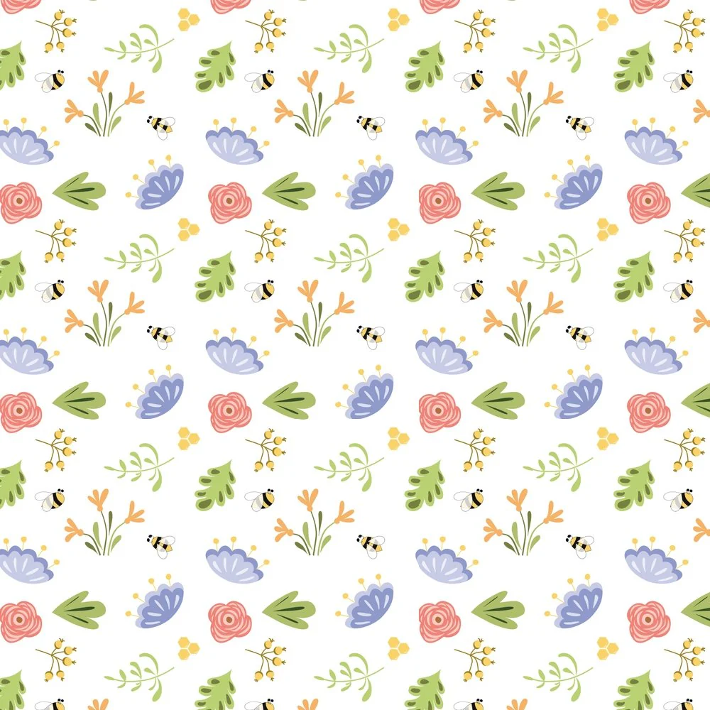 Hand Drawn Cartoon Bee Floral Summer Fabric - White
