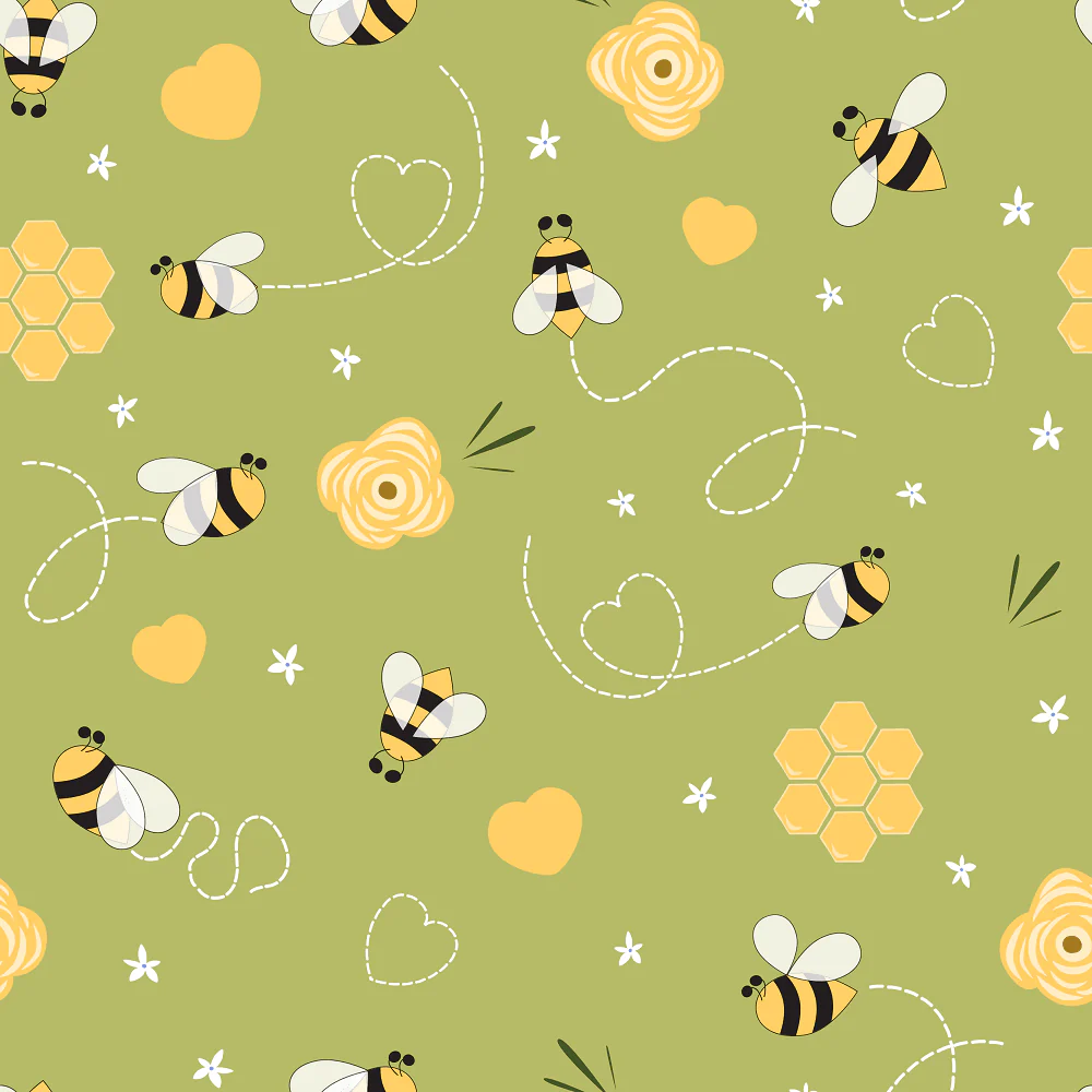 Hand Drawn Cartoon Bee, Heart, And Flower Fabric - Green