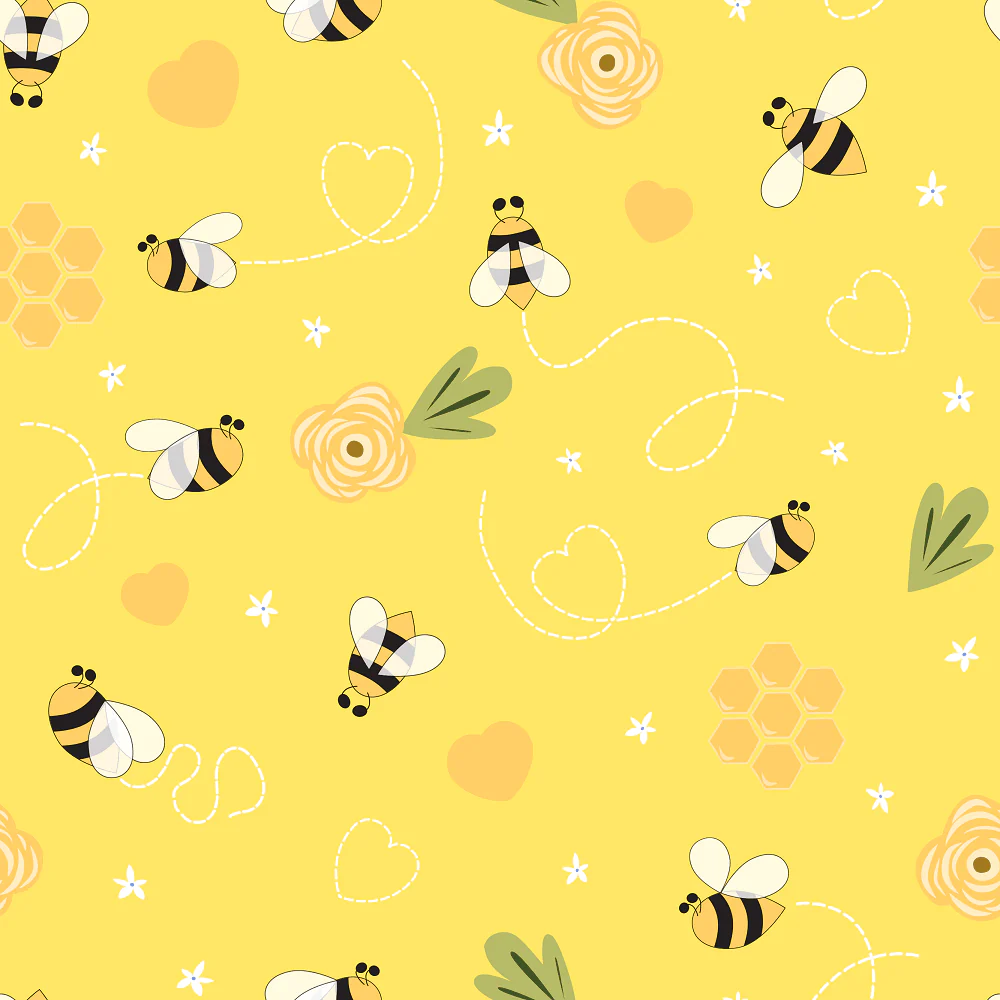 Hand Drawn Cartoon Bee, Heart, And Flower Fabric - Yellow
