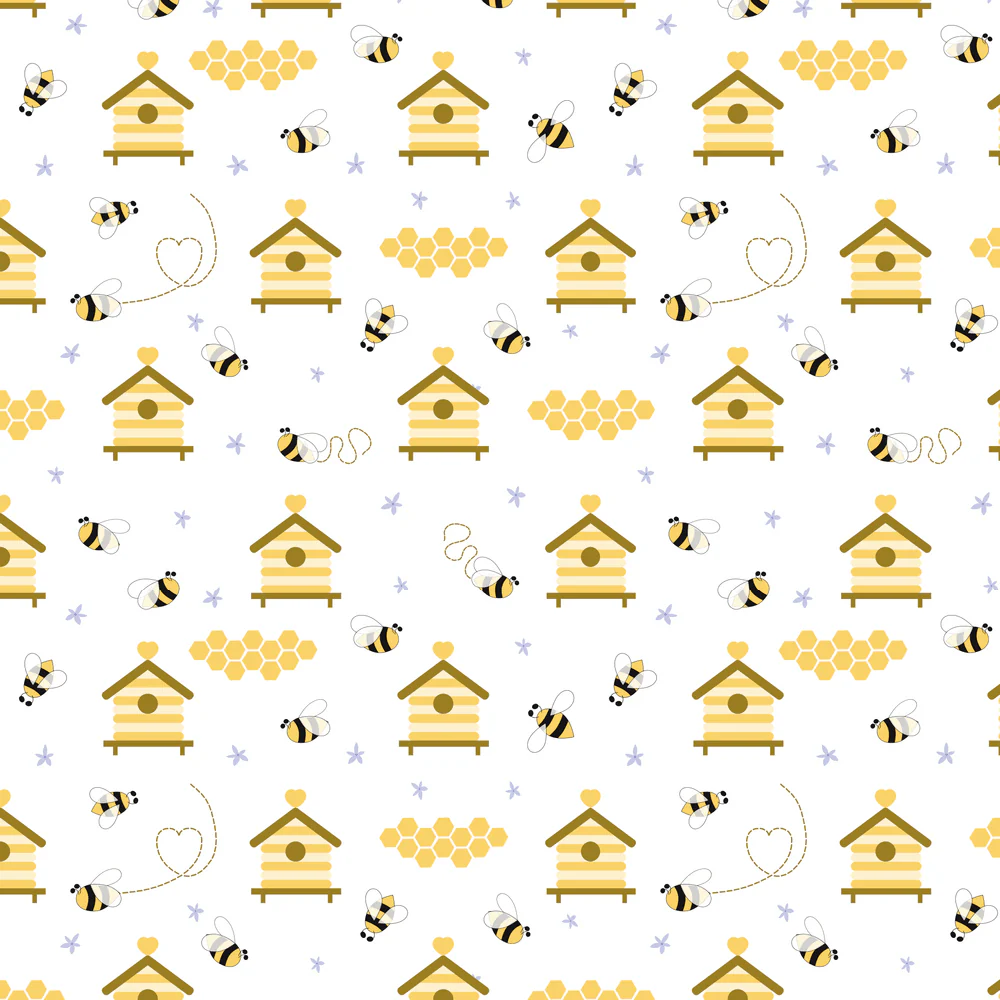 Hand Drawn Cartoon Bee Honey Apiary Fabric - White