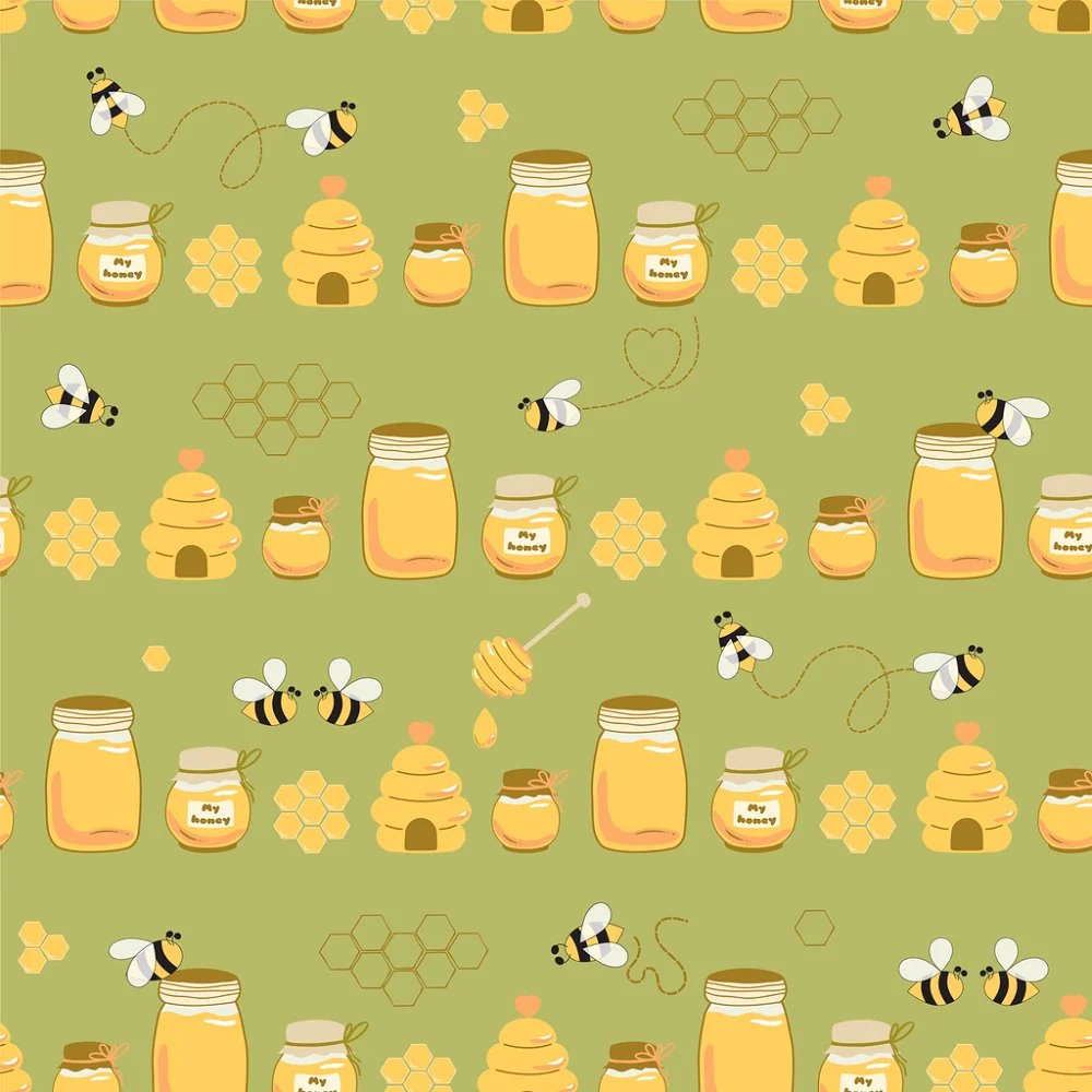 Hand Drawn Cartoon Bee Sweet Honey Fabric - Green