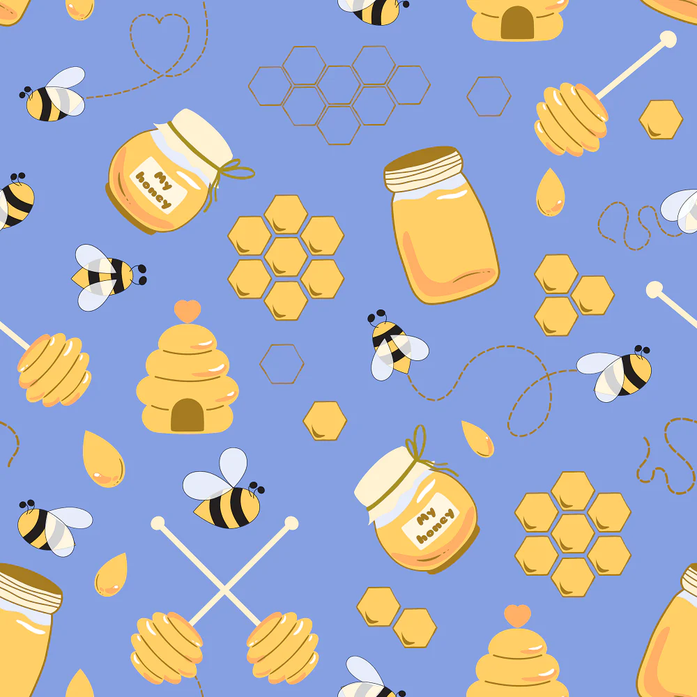 Hand Drawn Cartoon Honey Jar Fabric - Blue