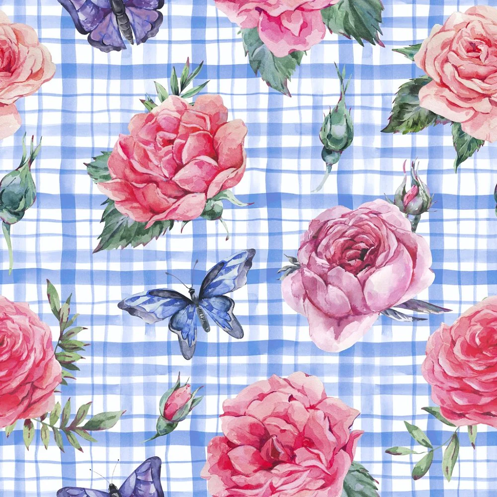 Hand Drawn Checkered Floral Fabric - Blue