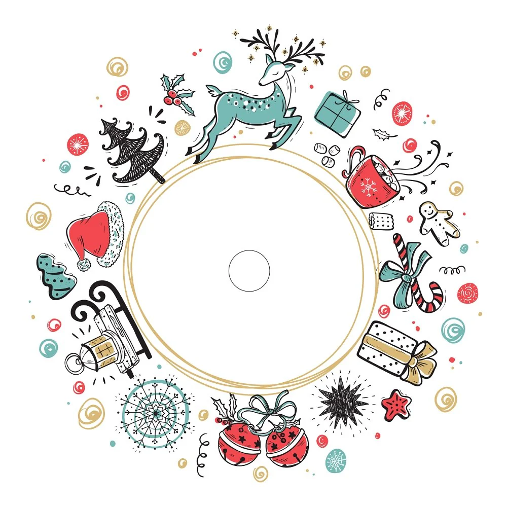 Hand Drawn Christmas Elements Tree Skirt Fabric Panel