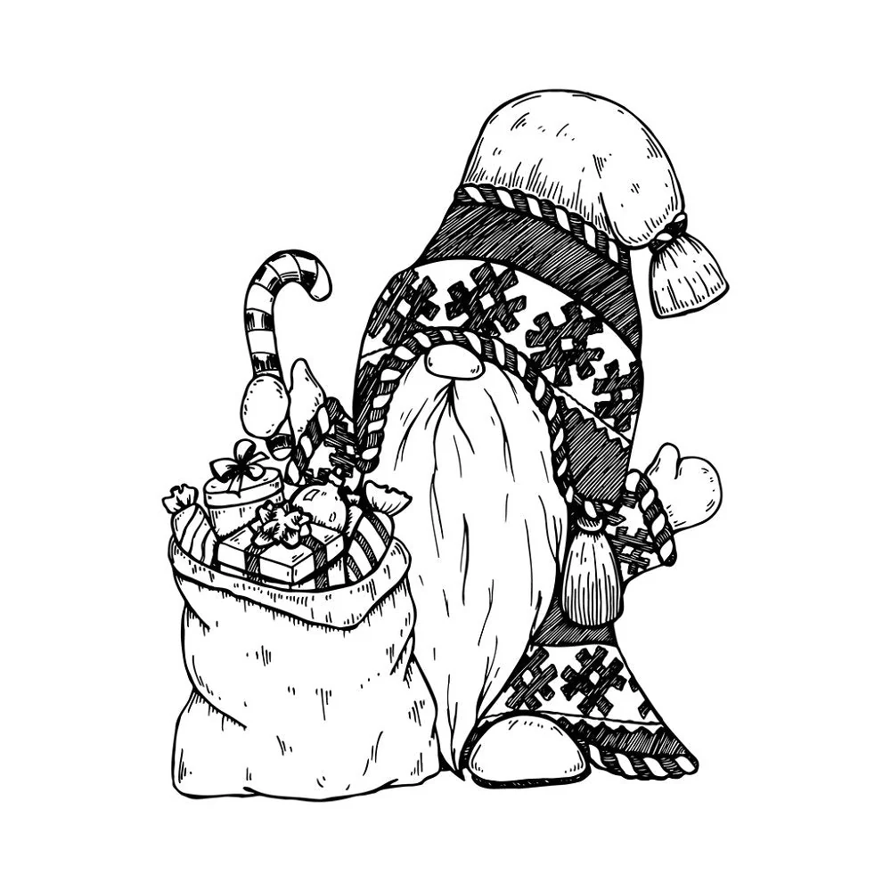 Hand Drawn Christmas Gnome Fabric Panel - Black