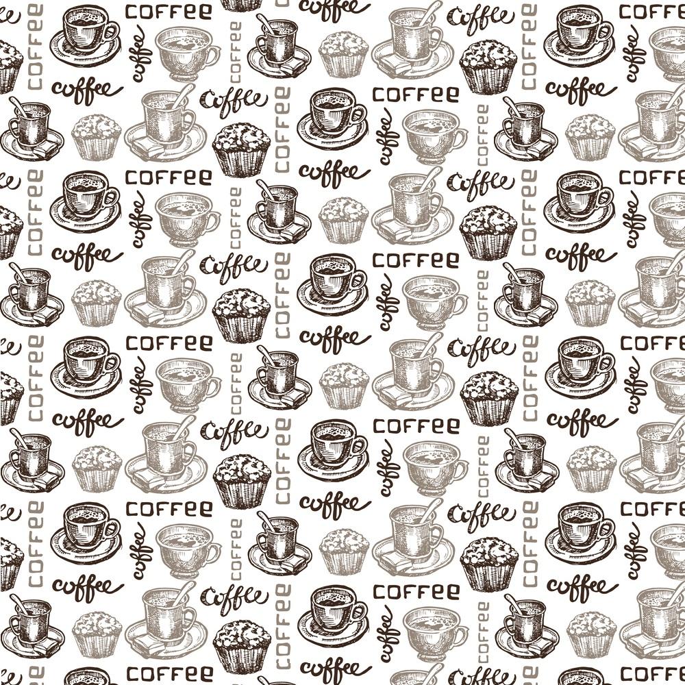 Hand Drawn Coffee With Muffin Fabric - Brown