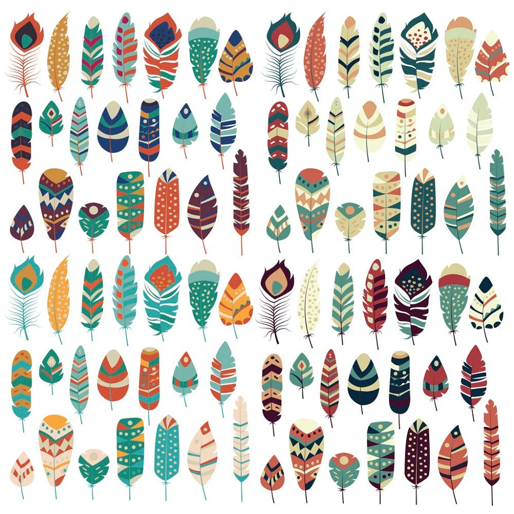 Hand Drawn Ethnic Boho Feathers Fabric - Multi