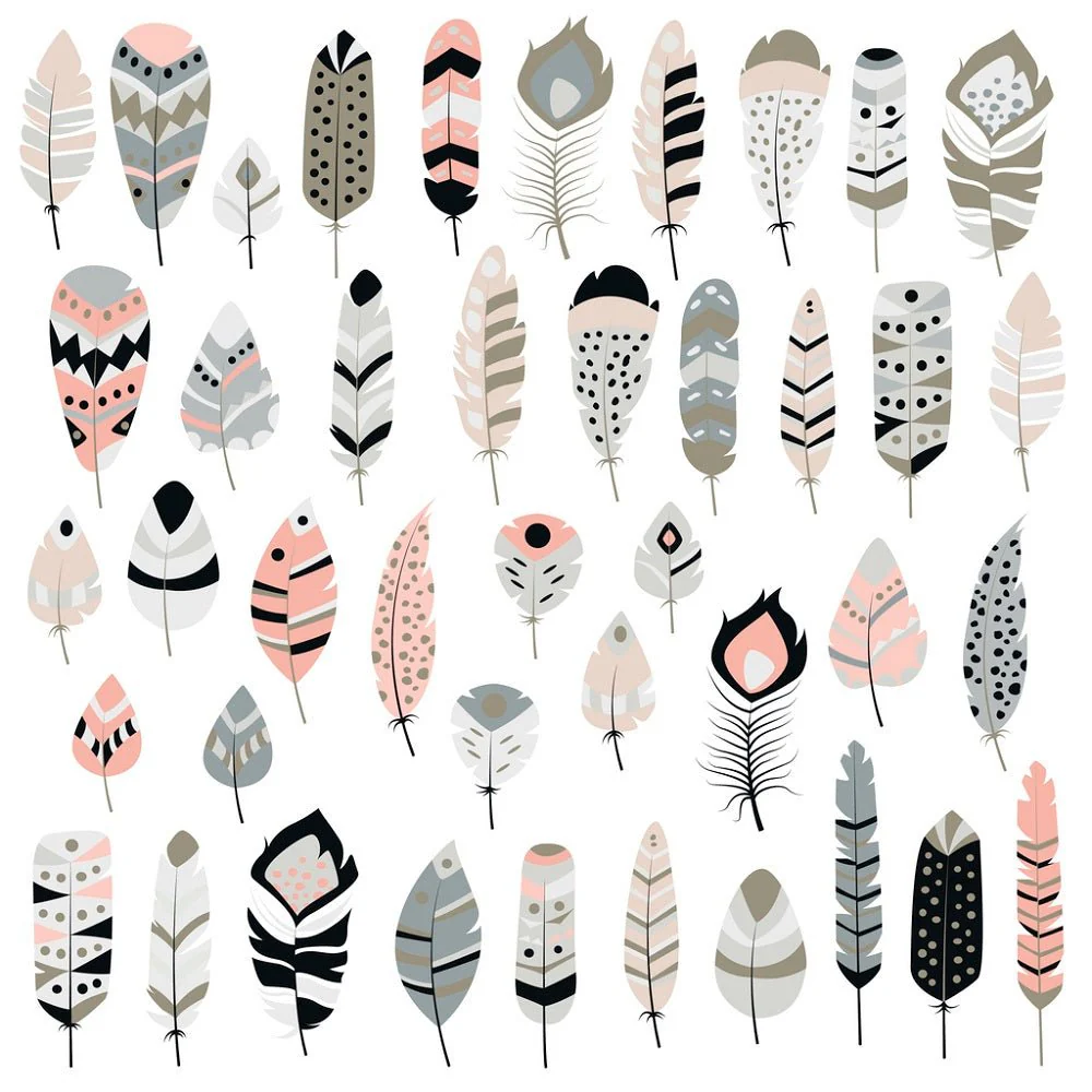 Hand Drawn Ethnic Boho Feathers Fabric - Pink/Gray