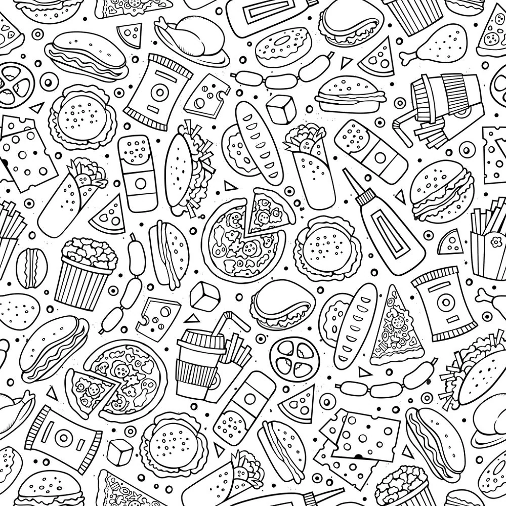Hand Drawn Fast Food Fabric - Black/White