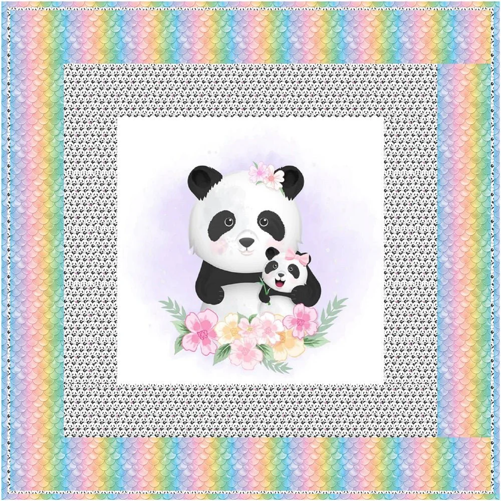 Hand Drawn Mom And Baby Panda Wall Hanging/Lap Quilt Kit - 42" x 42"