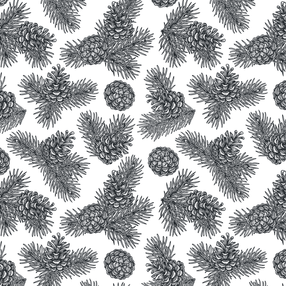 Hand Drawn Pine Cone & Branches Fabric - Black