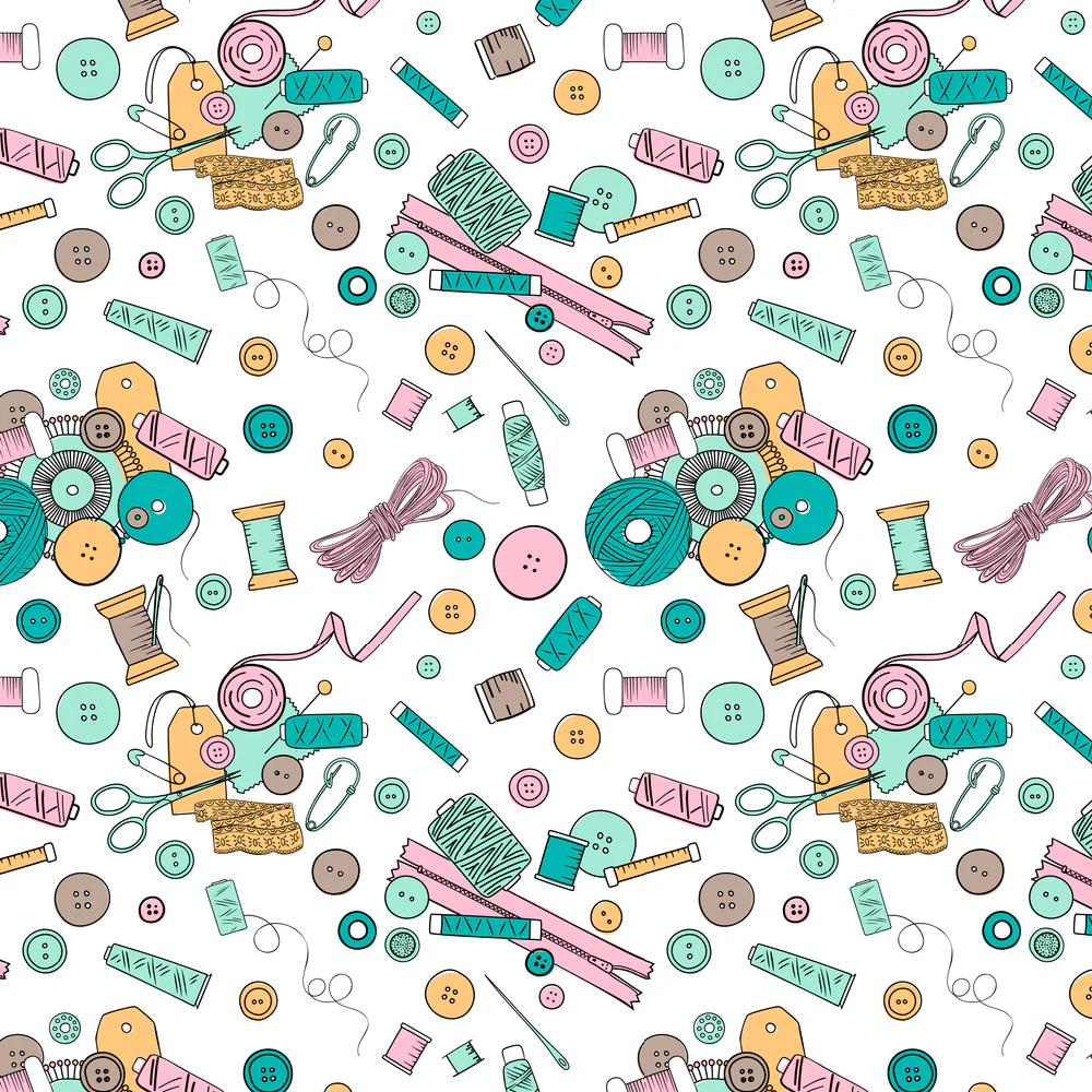 Hand Drawn Sewing Threads Fabric - White