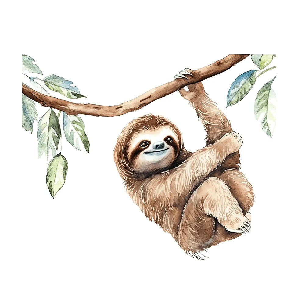 Hand Drawn Sloths Swinging #2 Fabric Panel
