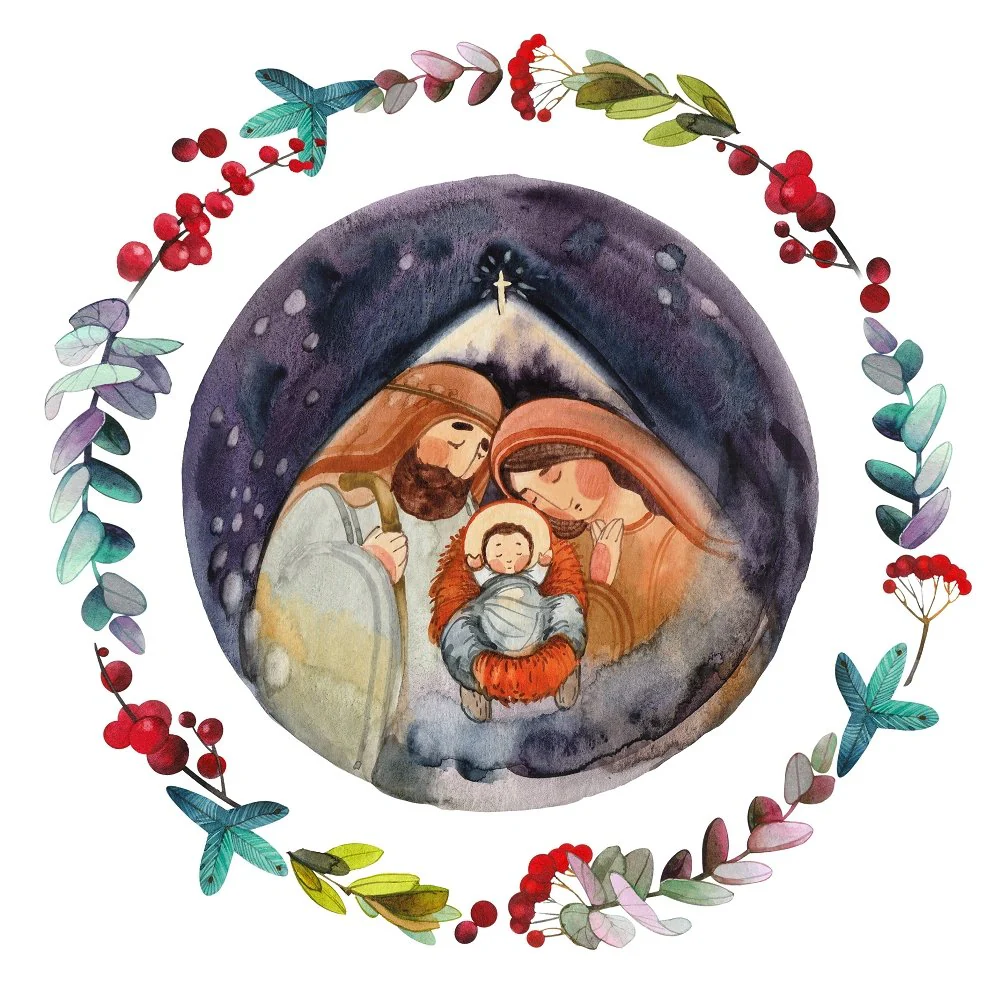 Hand Drawn Watercolor Nativity Scene Fabric Panel