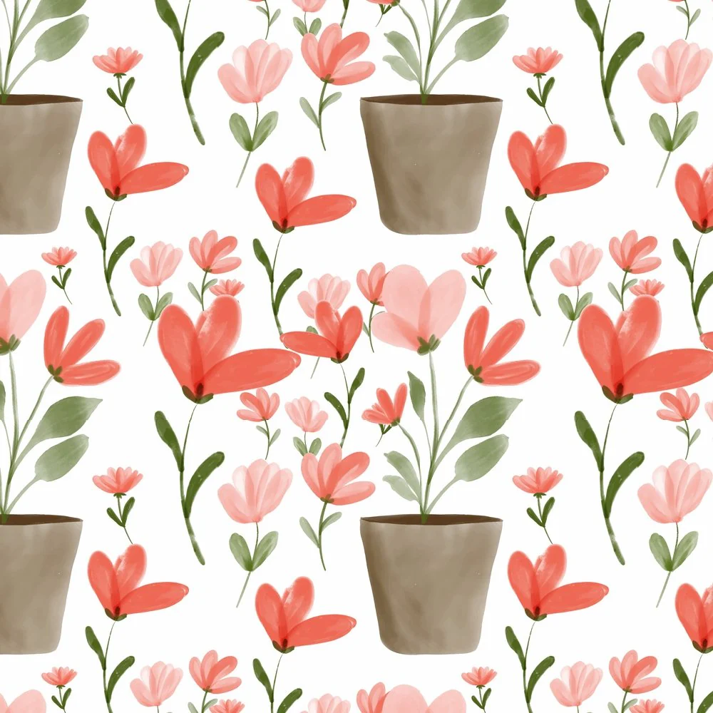 Hand Painted Flower Pot Fabric - Red