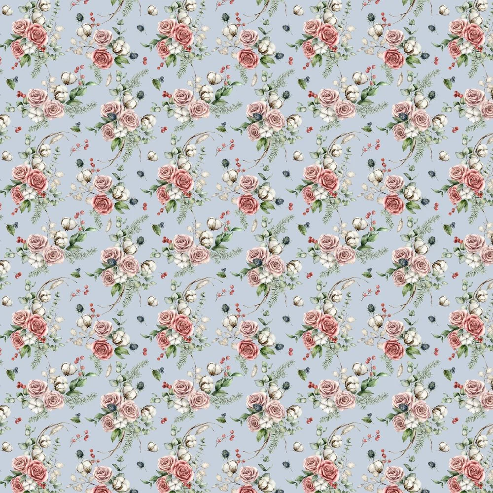 Hand Painted Rose Bouquets Fabric - Blue