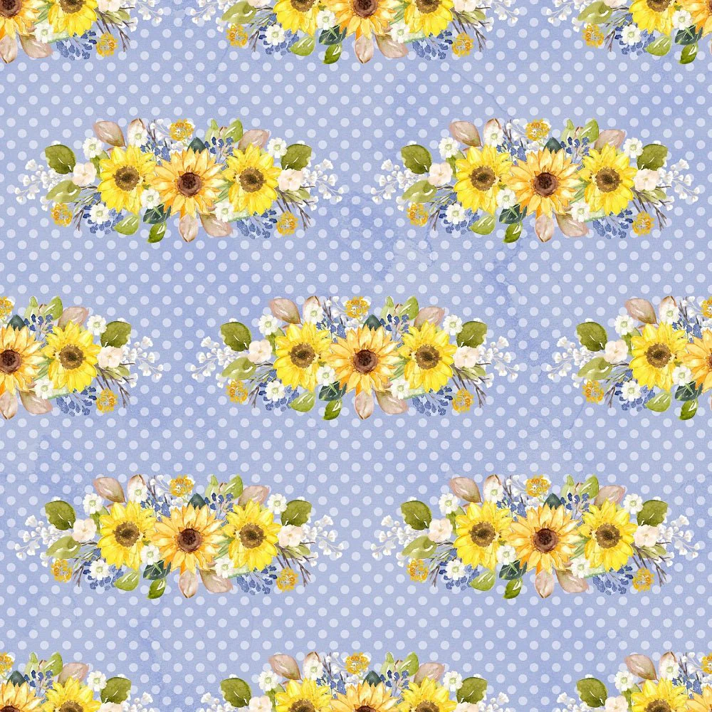 Hand Painted Sunflowers on Dots Fabric - Blue