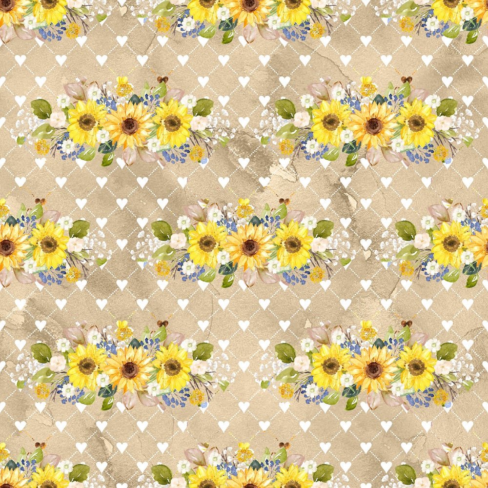 Hand Painted Sunflowers on Hearts Fabric - Tan