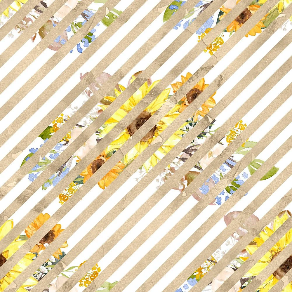 Hand Painted Sunflowers on Tan Stripes Fabric
