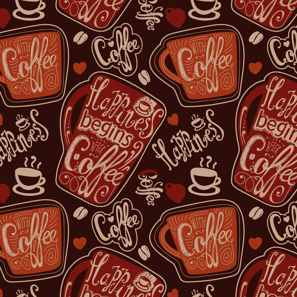Happiness Begins After Coffee Fabric - Red/Brown