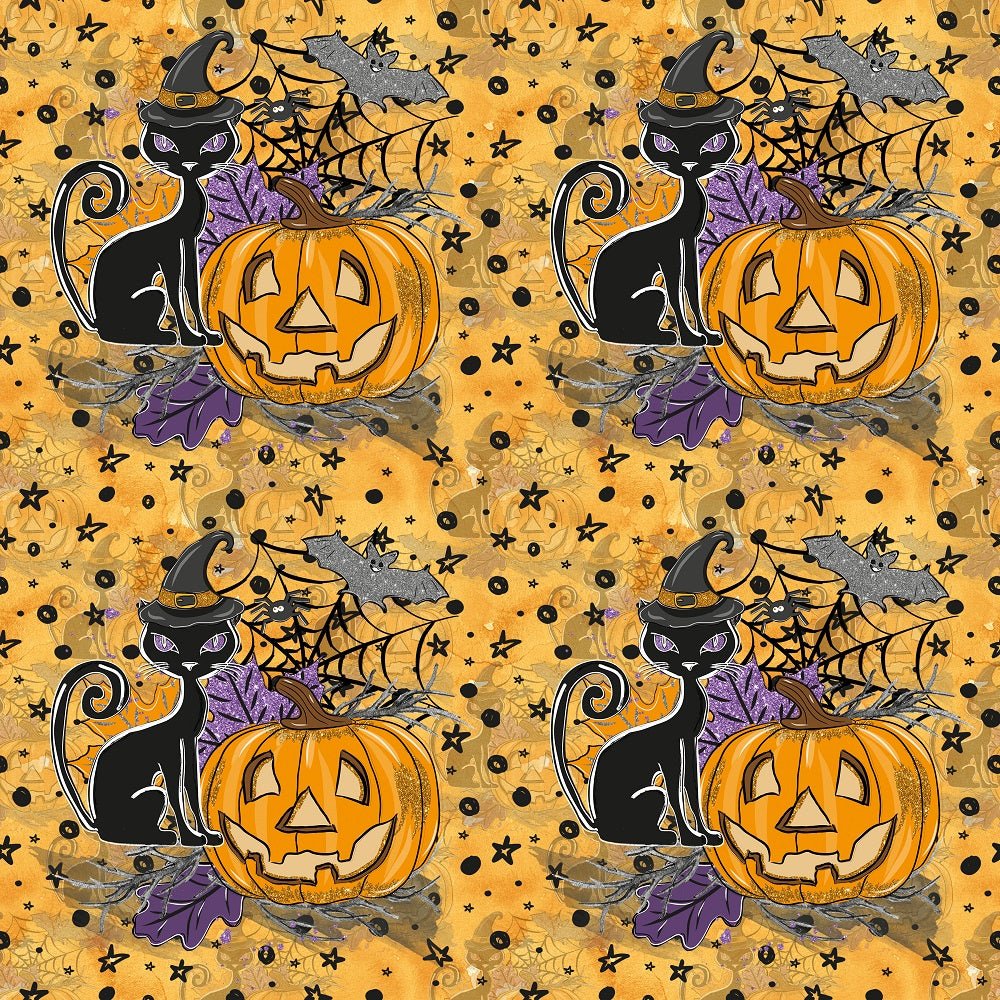 Happy Halloween Cat and Pumpkin on Fade Fabric