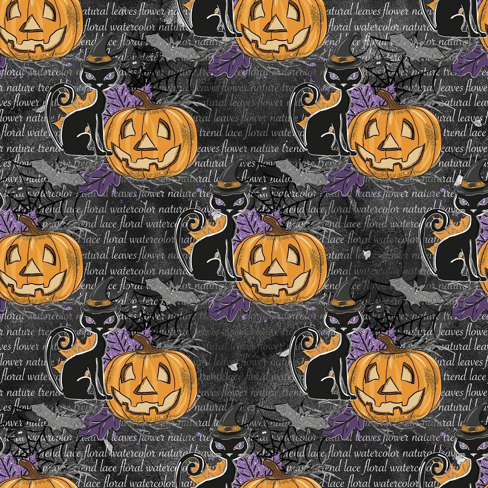 Happy Halloween Cat and Pumpkin on Words Fabric - Gray