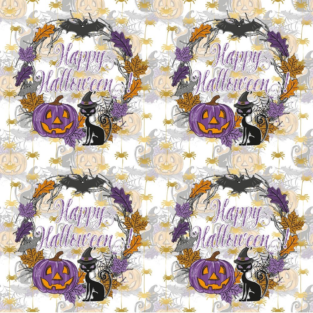 Happy Halloween Wreath Fabric - White