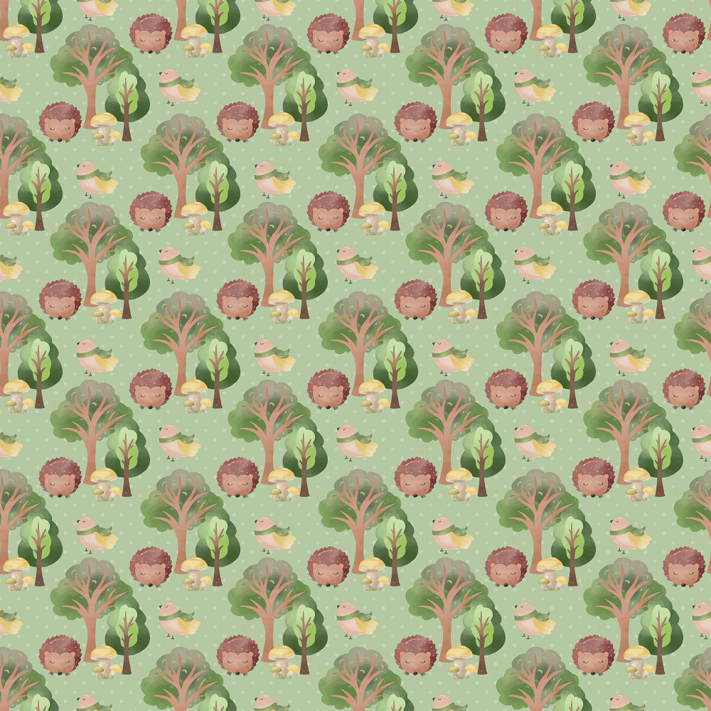 Hedgehogs In The Forest Fabric - Green