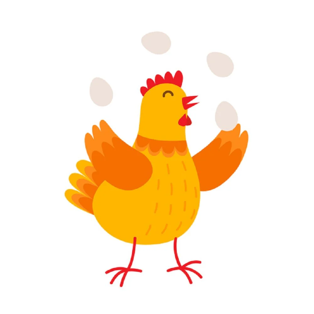 Hen Juggling Eggs Fabric Panel - White