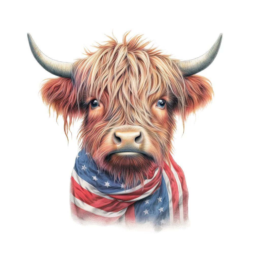Highland Cow In A Patriotic Scarf #3 Fabric Panel