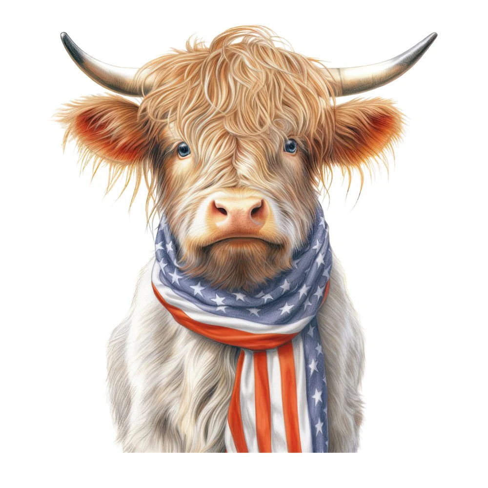 Highland Cow In A Patriotic Scarf #6 Fabric Panel