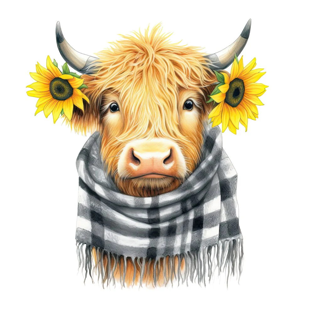 Highland Cow, Scarf, & Flowers #11 Fabric Panel