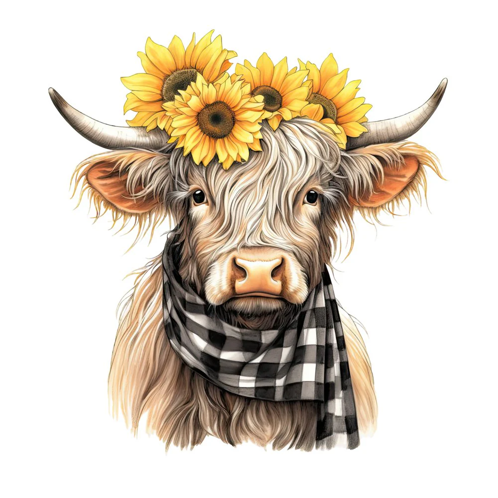 Highland Cow, Scarf, & Flowers #12 Fabric Panel