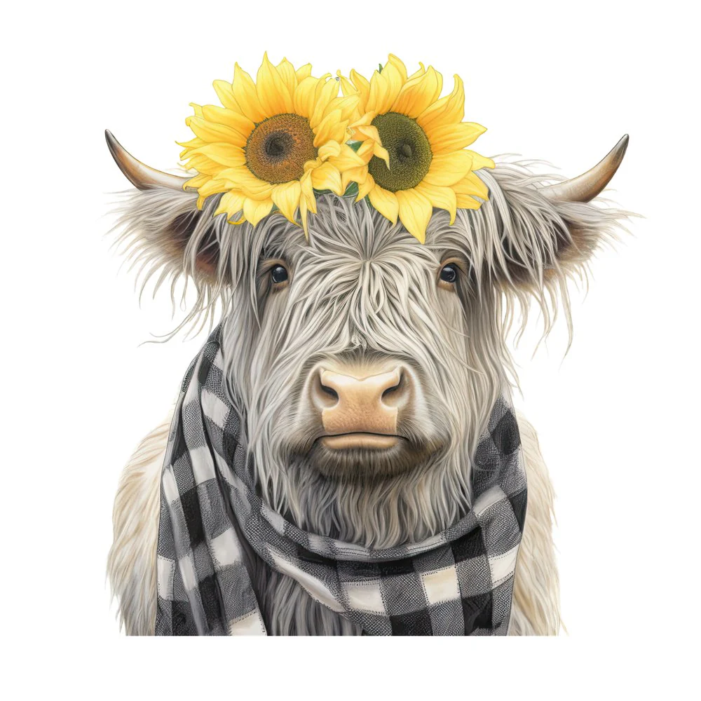 Highland Cow, Scarf, & Flowers #13 Fabric Panel
