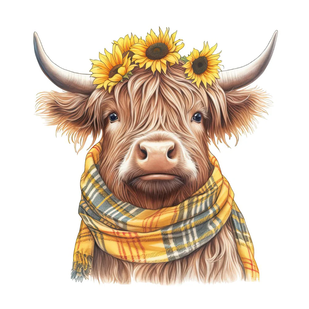 Highland Cow, Scarf, & Flowers #2 Fabric Panel