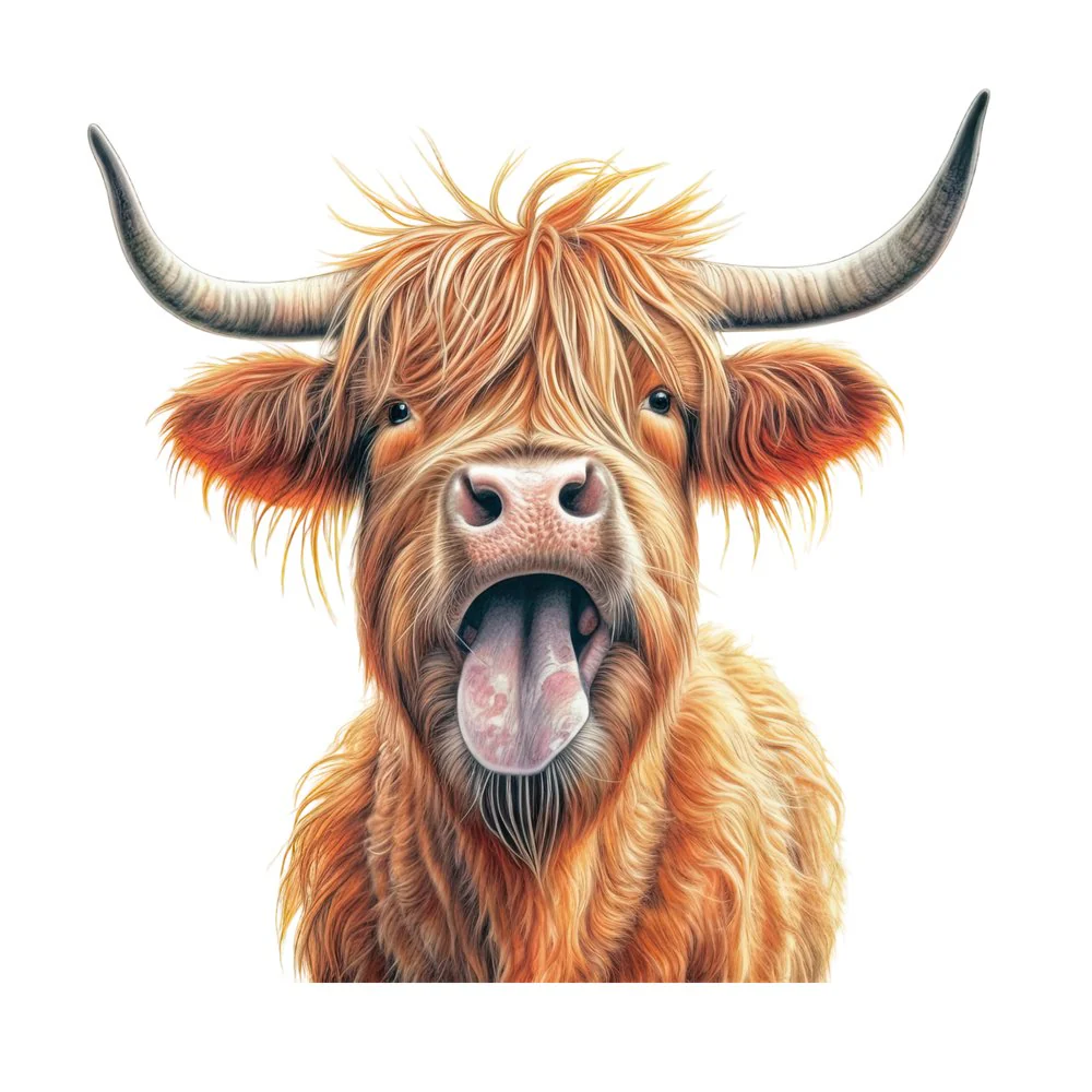 Highland Cow Sticking Its Tongue Out Fabric Panel