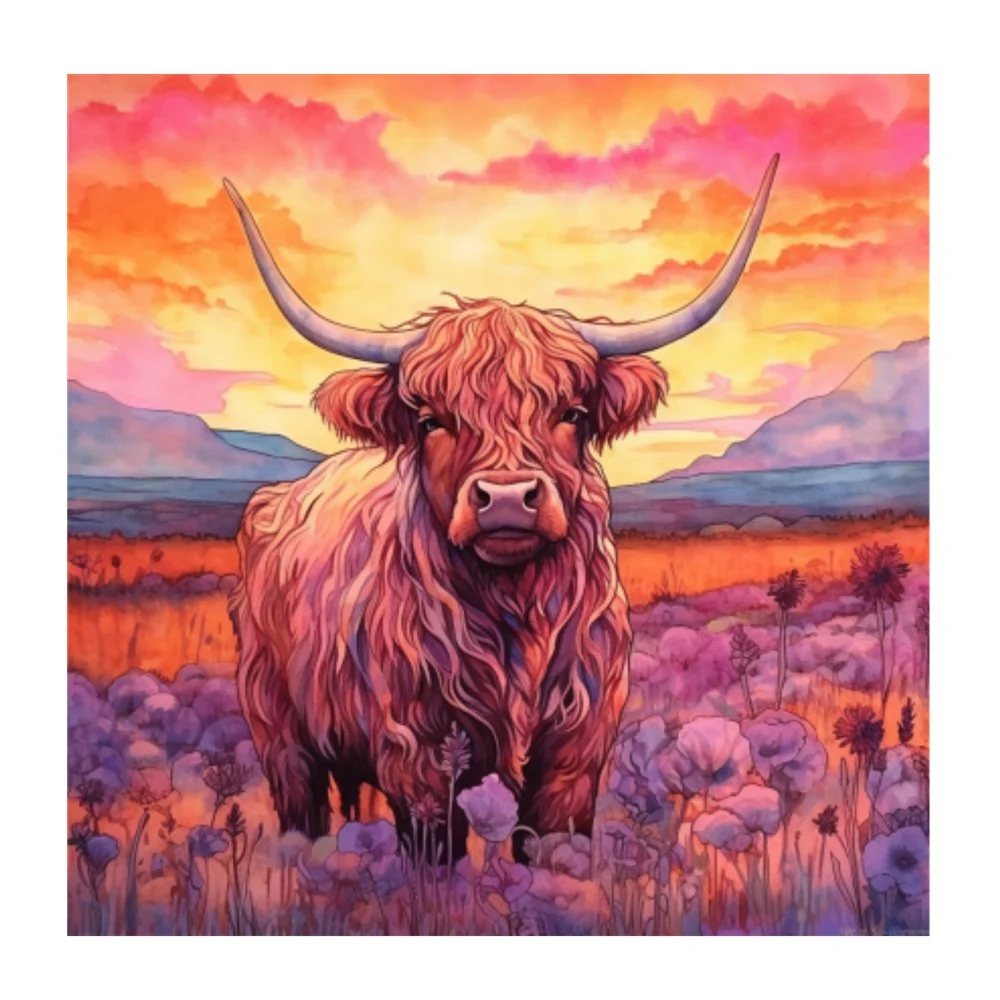 Highland Cow & Sunset Portrait #2 Fabric Panel