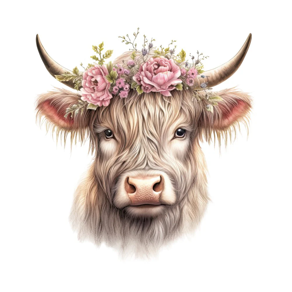 Highland Cow With Flower Crown #3 Fabric Panel